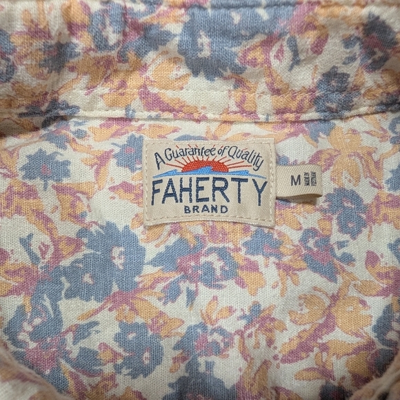 Faherty Shirt Mens M Blue Pink Floral Breeze SS Hemp Blend Tropic Shore Button - Picture 4 of 9